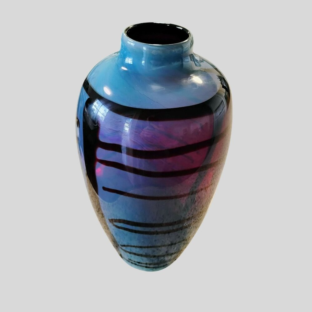 Handblown Iridescent Art Glass Vase With Abstract Design Blue & Purple Tones 12" - Picture 2 of 16